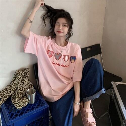 Summer new style pink love heart printed short-sleeved T-shirt women