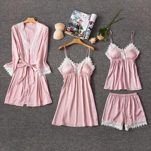 Women Pajamas Sets Satin Sleepwear Silk Nightwear Pyjama Spaghetti Strap V-Neck Sleep Lounge Pijama With Chest Pads