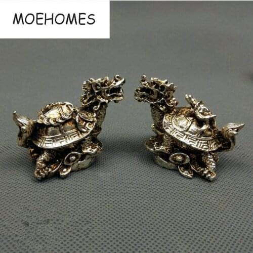 1 pair carved trad miao silver Dragon Turtle fengshui longevity Statues home decoration metal handicraft