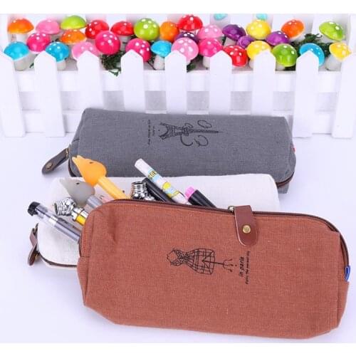 1 PC Simple Style Retro Solid color with pattern Linen Pencil Bag Students Paris Style Pencil Cases Stationery Office Supplies