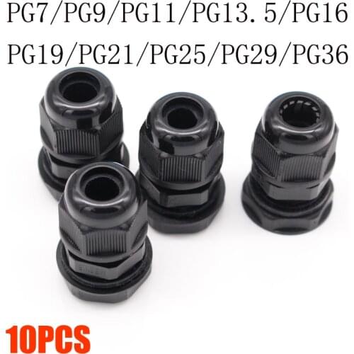 10pcs IP68 PG7 for 3-6.5mm PG9 PG11 PG13.5 PG16 PG19 Wire Cable CE Black Waterproof Nylon Plastic Cable Gland Connector