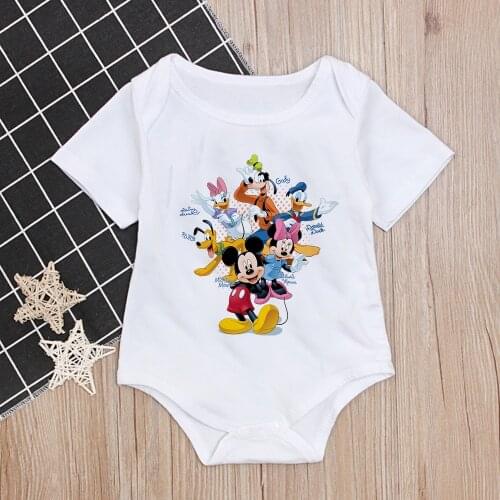 2021 One Piece Baby Rompers Short Sleeve Disney Park Mickey Minnie Donald Goofy Printed Cartoon Kawaii Baby Girls Boys Jumpsuit