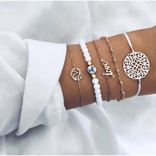 5 Pcs/Set New Fashion Hollow Lotus Flower Beads Bracelet for Women Jewelry Gifts