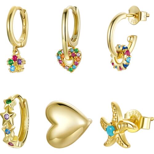 BAMOER 925 Sterling Silver 1PC Spanish Gold Pentagram Colorful Circle Heart Flower CZ Starfish Stud Earrings Jewelry SCE1148