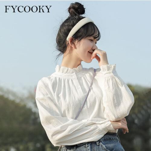 White Button Up Shirts Women Korean Stand Collar Ruffle Tops Female Spring 2021 New Casual Long Sleeve Blouse