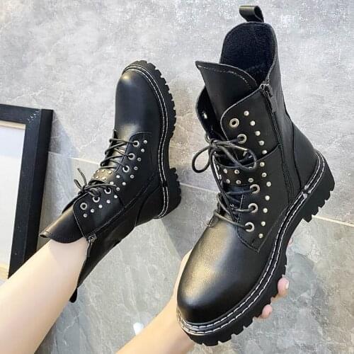 Platform Boots Women shoes Rivet Zipper Motorcycle Boots Woman Rubber boots Non Slip Lace up Autumn/Winter Boots women