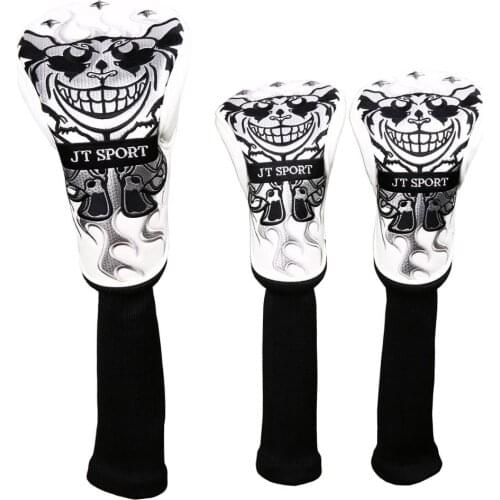 3pcs 1 3 5 Driver Fairway Wood Golf Club Headcover Leather & Knit Stitching with Skull Embroidery Head Cover With No. Tag 1 3 5