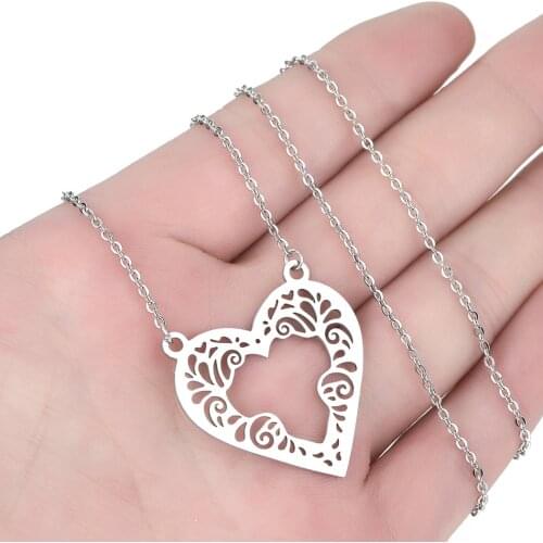 CHENGXUN New Trendy Love Heart Pendant Necklace for Women Men Stainless Steel Fashion Hollow Heart With Lace Charm Jewelry Gift