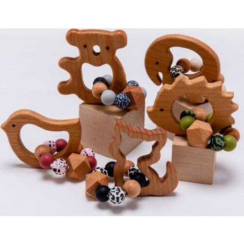 Baby Nursing Bracelets Olive Oil Animal Wooden Teether Silicone Beads Teething Baby Rattle Stroller Accessories Toy Baby Product