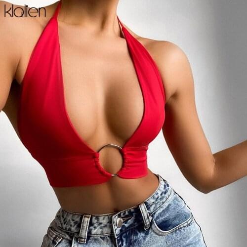 KLALIEN Low Chest Deep V Neck Hollow Out Backless Sexy Solid Tank Top Summer Women Club Streetwear Slim Wild Basic Female Vest