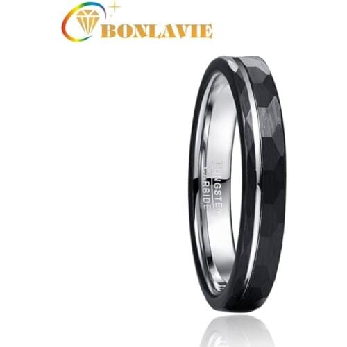 Tungsten Carbide Ring Hammered Finish Grooved Black Wedding Band for Men Women Comfort Fit Rings Engagement Jewelry