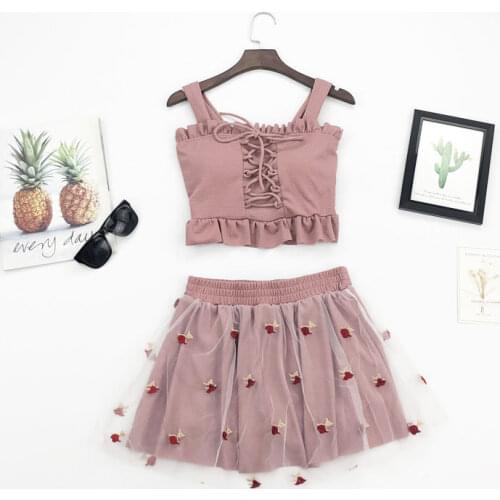 Bikini Sets Women Swimwear Mesh Floral Ruffles Ruched Lace Up Japanese Style Sweet Kawaii Students Elastic High Waist Swimsuit