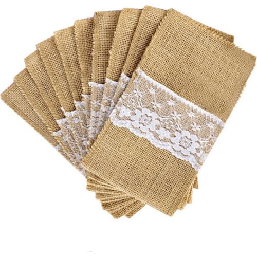 Lace Natural Jute Pouch Cutlery Knives Forks Spoon Cutlery Set Bag Holder Wedding Party Resturant Decoration