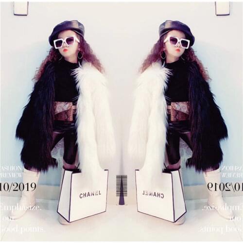 Girls Black White Stitching Faux Wool Fur Coat For Winter Childrens Hit Color Street Long-sleeved Jacket Kids Warm Overcoat