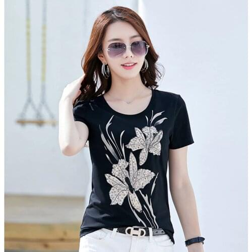 Summer Cotton Beading Cartoon T-shirt Women O-Neck Solid Knitted Tops Female Black White Casual Basic Tee Shirts Harajuku 2021