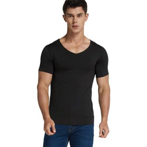 Summer Men Ice Silk V-Neck Short Sleeved Tight T-shirt Quick-Drying Clothes Solid Color Mesh Breathable Base Shirt Thin Menswear