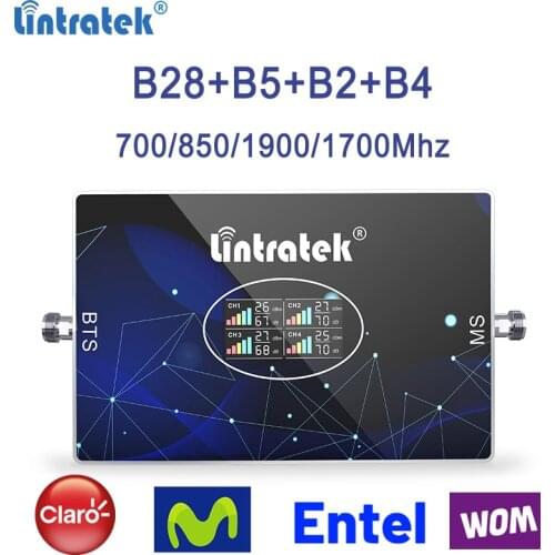 Lintratek 70dB AGC Band 28 700 850 1900 1700 Signal Booster 2G 3G 4G LTE Band 5 CDMA PCS AWS Repeater for Voice and Data