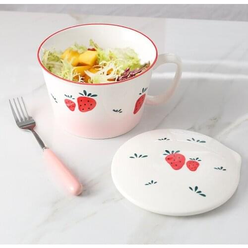Lovely Strawberry Noodle Bowl with Ceramic Noodle Bowl with Cover Student Dormitory Tableware