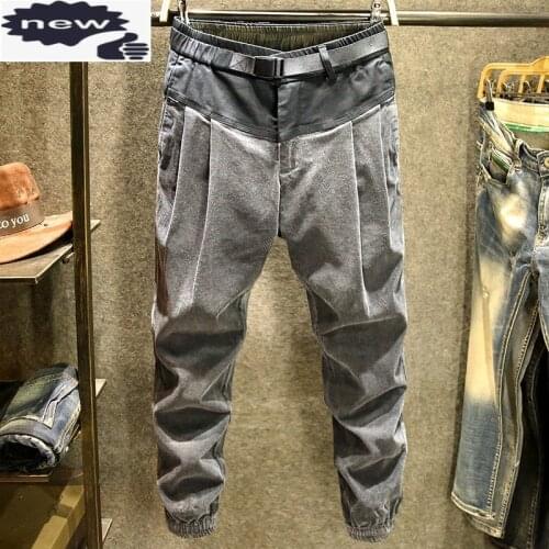 Men Grey Casual Harem Pants Korean Style Fashion Patchwork Multi-Pockets All-Match Corduroy Thickening Cargo Trousers Winter