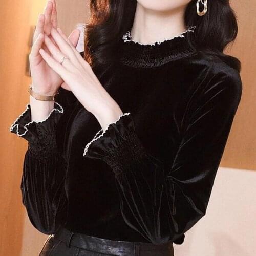 Fall Spring Casual Ladies Women Ruffles Stand Collar Long Sleeve Black Velour T Shirt , Korean 3xl Slim Velvet Tshirts for Women
