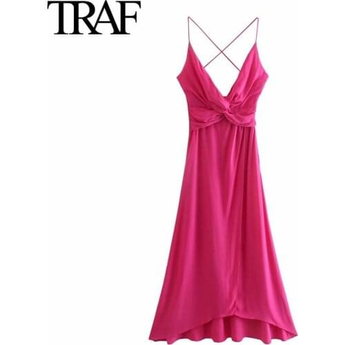 Traf Za Women Fashion French Elegant Red Dress Midi Vintage Side Zip Kink Suspender Dress Sexy Summer Party Dress Vestidos Mujer