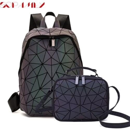 New 3Pcs Bags Luminous Backpack School Women Men Set Rucksack Female Lattice Backbag Holographic Shoulder Bags Purse Schoolbag