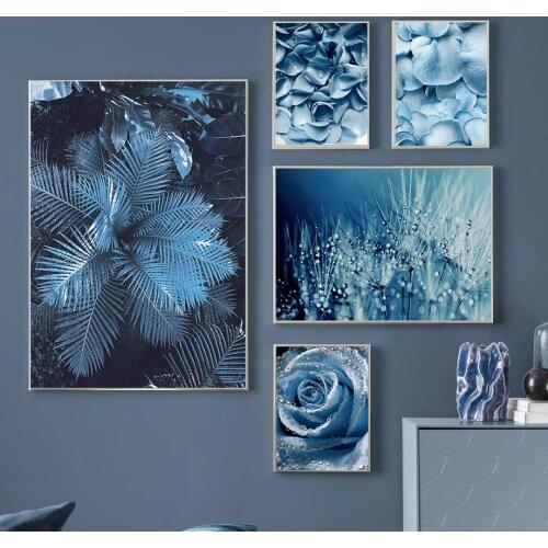Blue Rose Leaf Dandelion Sea Quote Wall Art Canvas Painting Nordic Poster and Print Plant Flower Picture for Living Room Decor