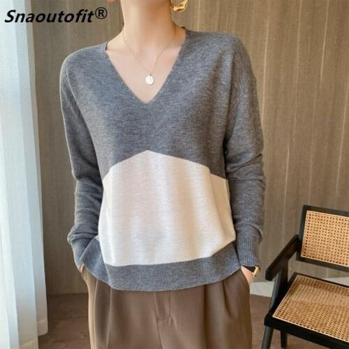 Female Sweater,V-Neck,Color Matching,100% Pure Wool,Pullover,Stylish,Large Size,Warm,Knitted Base Shirt,Spring Autumn 2021,L-XL