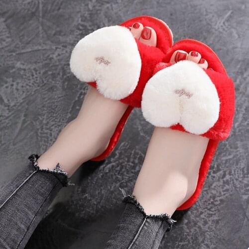Ladies Slippers Winter Home Shoes Women Flip Flop Warm Love Heart Non-Slip Floor Furry Slippers Fashion fur soft slides qq964