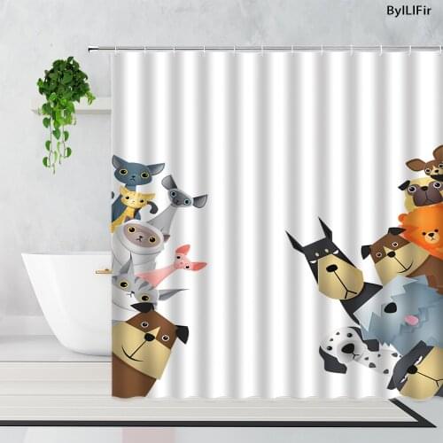 Cute Cartoon Animal Shower Curtains Funny 3D Cats And Dogs Childrens Bathroom Decoration Waterproof Bath Curtain Set With Hooks