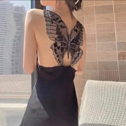 Black Gothic Lady Sexy Backless Long Dress Summer Girl Butterfly Mesh Hollow Out Harajuku Sleevless Dresses Korean Fashion Cloth