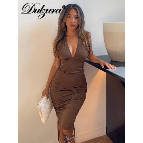 Dulzura Solid Women Halter Mini Dress Drawstring Ruched V Neck Backless Bodycon Sexy Streetwear Party Club Elegant 2021 Summer