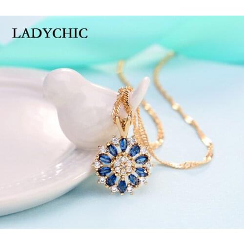 LADYCHIC Blue Crystal Charm Necklaces & Pendants Gold Color AAA Quality Zircon Flower Design Women Gifts Wholesale LN1137