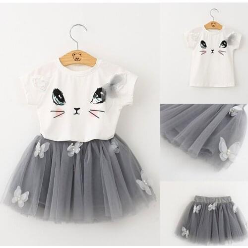 New 2pcs Toddler Kids Baby Girl Clothes Cat T-shirt Tops+Tutu Bow Dress Clothing Set infantil Vestidos 2020 New Bebe Clothing