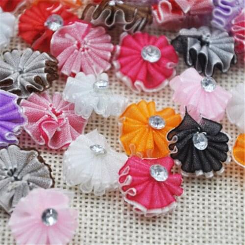 40pcs Organza Ribbon Flowers With Arcylic Stone Wedding Appliques Crafts E145