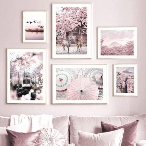 Abstract Pink Mount Cherry Flower Deer Calm Lake Bird Nordic Posters and Prints Wall Art Canvas Painting Pictures For Home Decor
