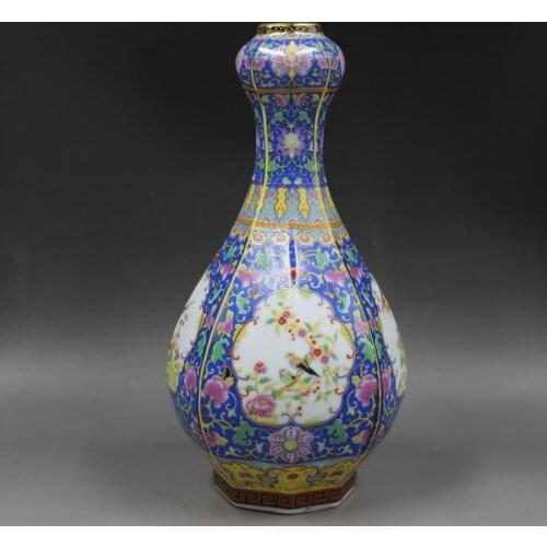 Qing Yong Zheng Antique Ceramic Vase Blue Enamel Garlic Head Shaped Hexagon Vase Antique Porcelain Ancient Porcelain Collection