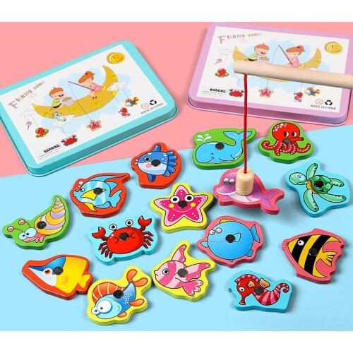 Wooden Magnetic Fishing Toys Game Baby Puzzle Teaching Aids Early Educational Toys for Children Hand-eye Exercise with Tin Box