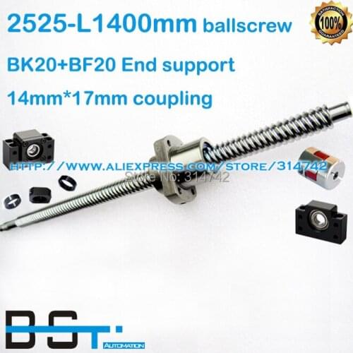 Dia. 25mm Pitch 25mm Ballscrew 2525 -L 1400mm with SFE2525 ballnut + BK20 BF20 support block + 14mm to 17mm jaw coupling