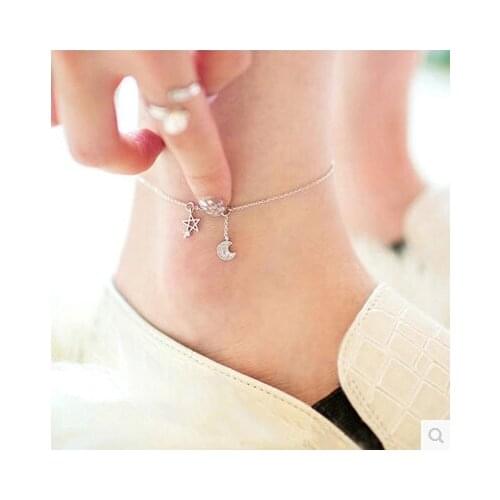 Hot Sale Promotion 2016 New Shiny Cubic Zirconia Moon & Star 925 Sterling Silver Anklets for Women Jewelry Gift