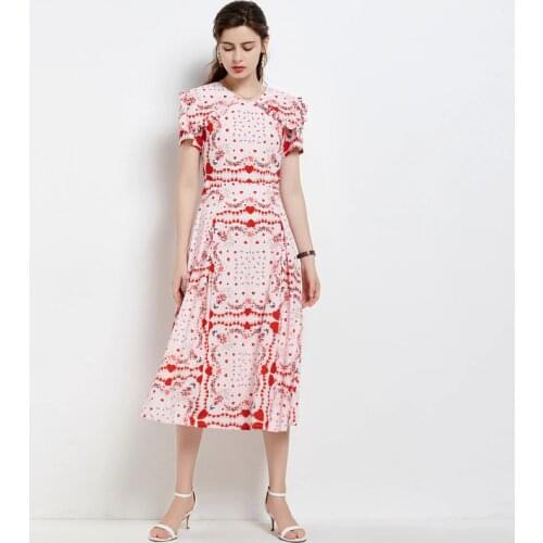 JSXDHK Runway Fashion Women Party Dress Summer Pink Peter Pan Collar Love Printed Female Short Sleeve Holiday Beach Long Dress