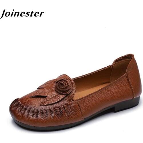 Slip-on Genuine Leather Loafers for Women Spring Leisure Flat Shoes Soft Sole Ladies Ethnic Flats ботинки женские весна