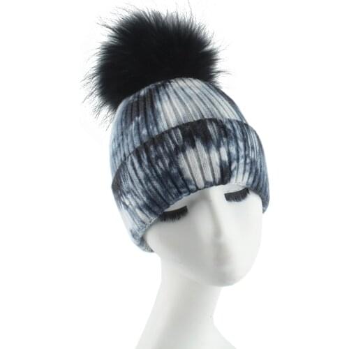 2020 New Fashion Real Fur Pompon Beanie Hat For Women Winter Wool knitted Cap Female Tie Dye Luxury Skullies