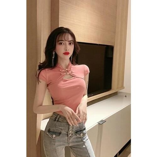 2021 new water drop hollow out design mandarin collar pullover short sleeve bottomed qipao shirt improved vintage cheongsam top