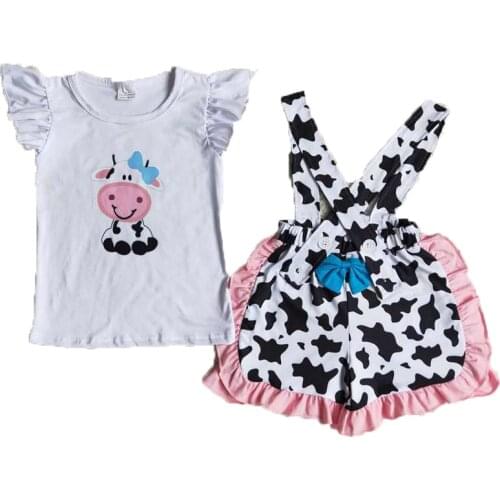 New Boutique Baby Girls Clothes Set Cow Rompers Tunic Top Bell- Bottom Short Pantes Kids Outfits