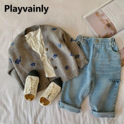 2021 Korean Style Autumn Boys Girls Sweater Coat Embroidery Flowers Long Sleeves Cardigan Jackets Kids Casual Clothes E1002