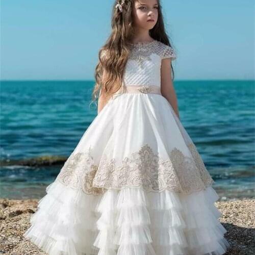 Flower Girl Dresses Lace Applique Sleeveless Cascading Elegant Prom Party Dress Princess Fluffy Tulle First Communion Dresses