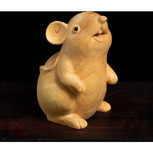 Boxwood 7cm 9cm Mouse Sculpture Wood Carving Chinese Zodiac Rat Animal Statue Home Decor