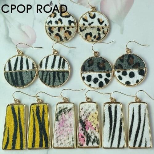 Leopard Zebra Genuine Hair Leather Earrings for Women Circle Geometric Flower Pendant Dangle Earrings Fashion Leather Jewelry