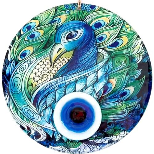 23 Centimeter Glass Wall Ornament With Peacock Pattern Evil Eye Beads
